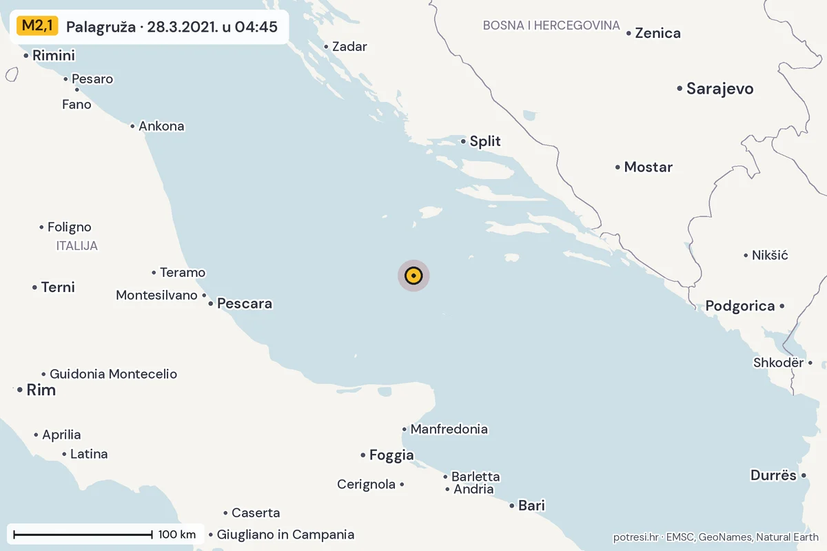 Karta: šire područje, 600 km, potres M2,1, Palagruža, 28.3.2021.