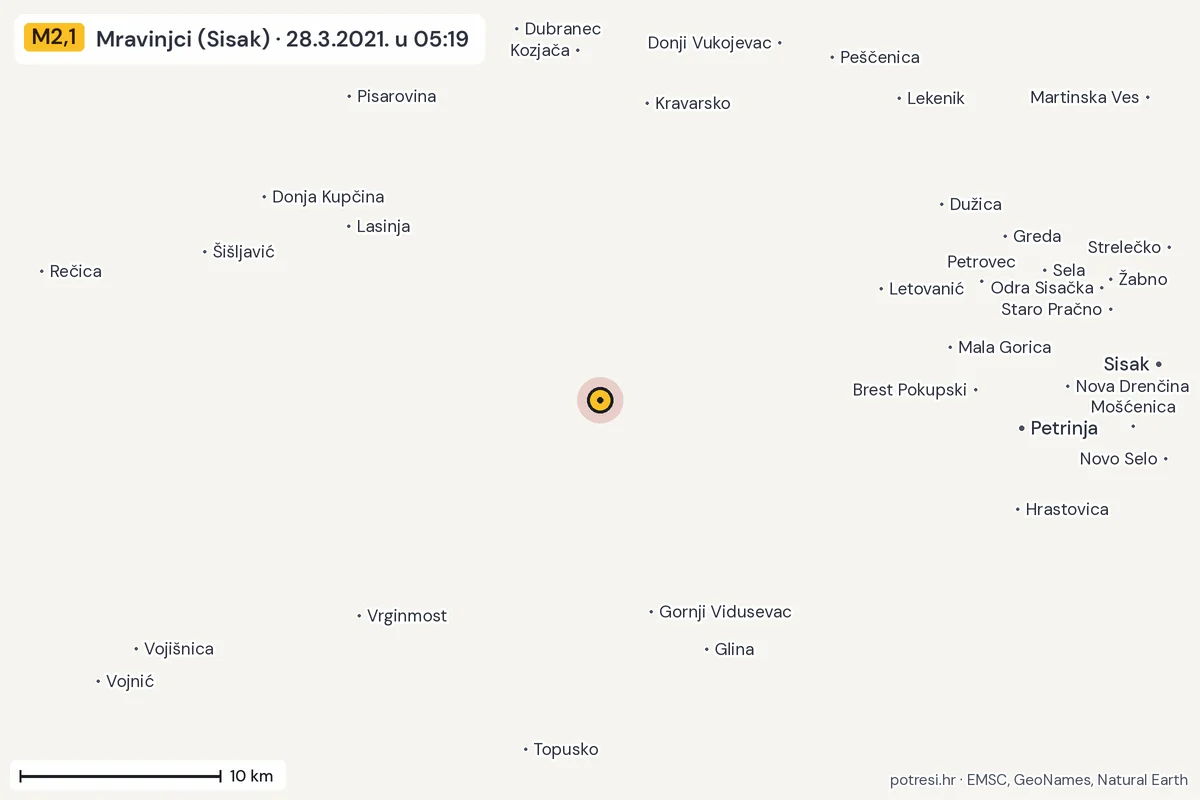 Karta: okolica epicentra, 60 km, potres M2,1, Mravinjci (Sisak), 28.3.2021.