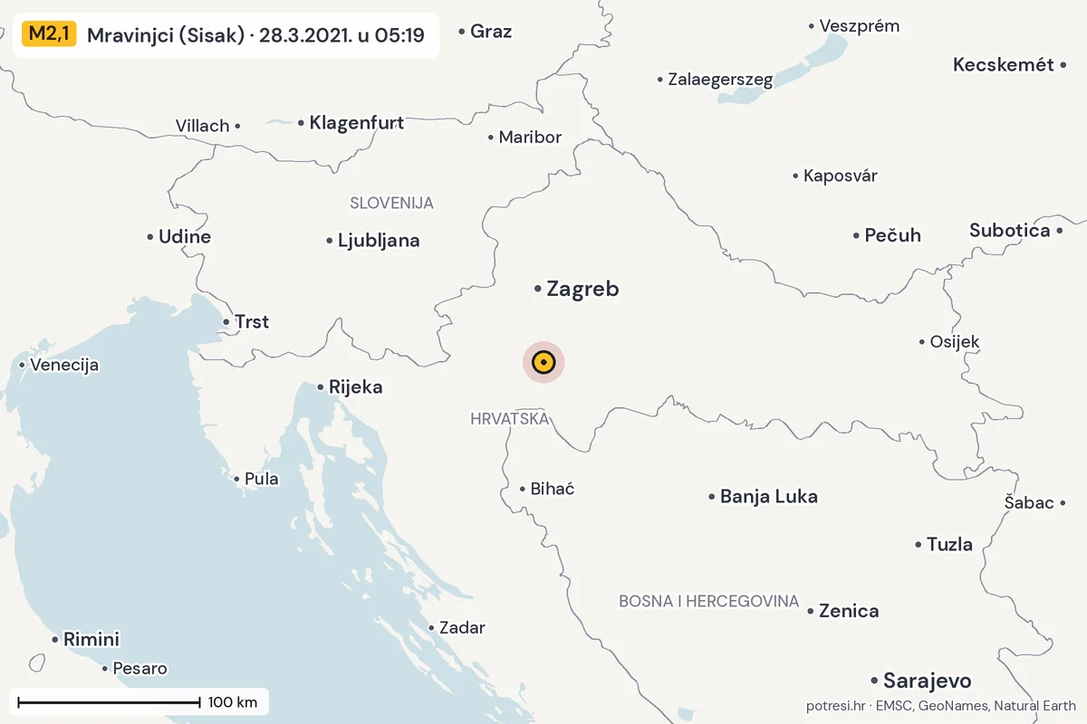 Karta: šire područje, 600 km, potres M2,1, Mravinjci (Sisak), 28.3.2021.