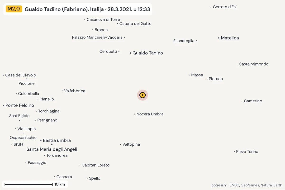 Karta: okolica epicentra, 60 km, potres M2,0, Gualdo Tadino (Fabriano), Italija, 28.3.2021.