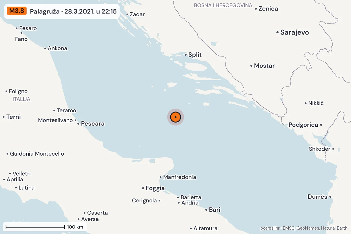 Karta: šire područje, 600 km, potres M3,8, Palagruža, 28.3.2021.
