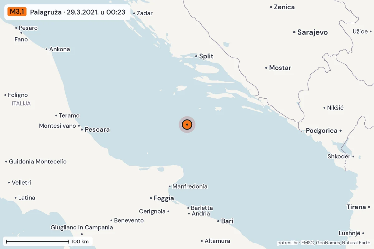 Karta: šire područje, 600 km, potres M3,1, Palagruža, 29.3.2021.