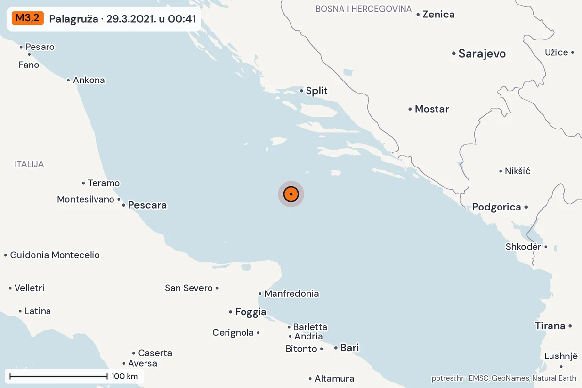 Karta: šire područje, 600 km, potres M3,2, Palagruža, 29.3.2021.