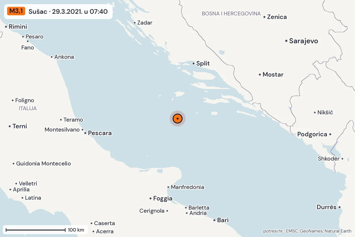 Karta: šire područje, 600 km, potres M3,1, Sušac, 29.3.2021.