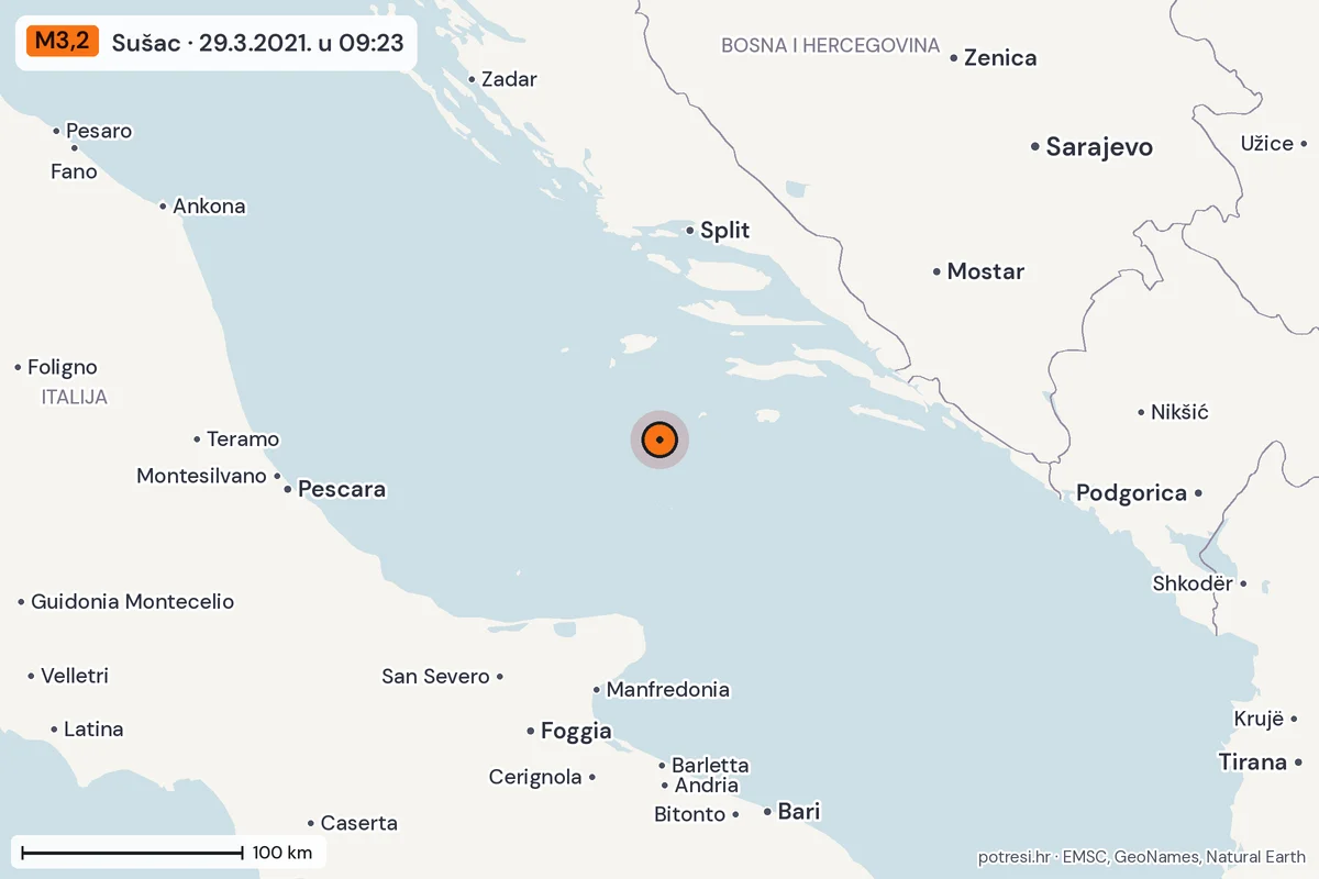 Karta: šire područje, 600 km, potres M3,2, Sušac, 29.3.2021.