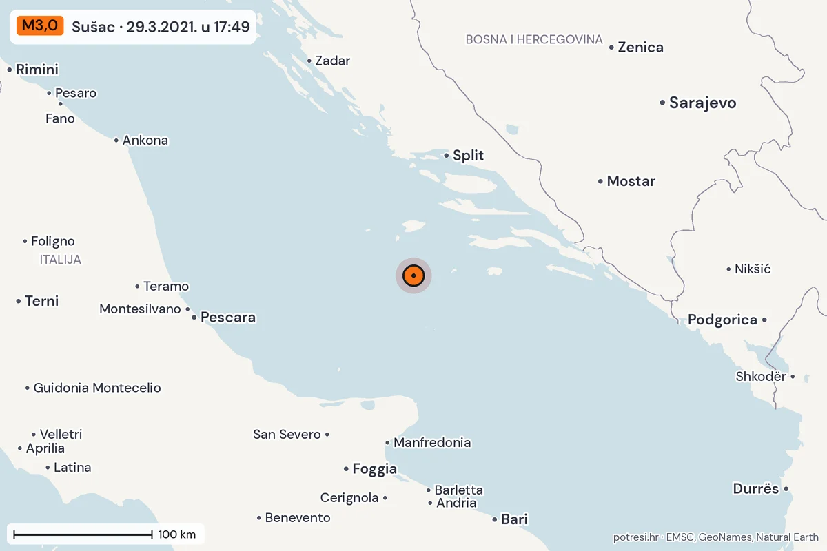Karta: šire područje, 600 km, potres M3,0, Sušac, 29.3.2021.