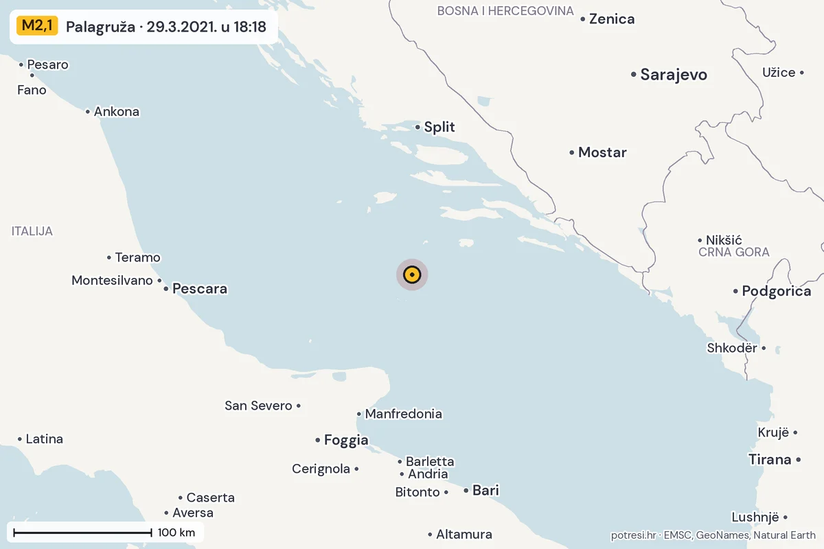 Karta: šire područje, 600 km, potres M2,1, Palagruža, 29.3.2021.