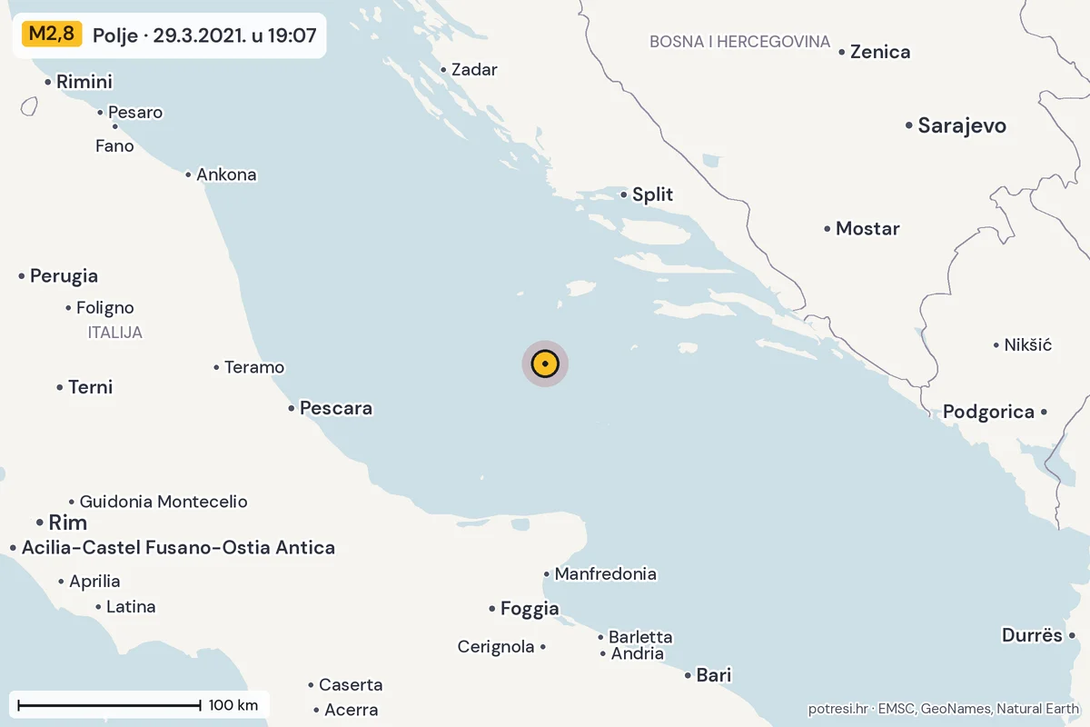 Karta: šire područje, 600 km, potres M2,8, Polje, 29.3.2021.