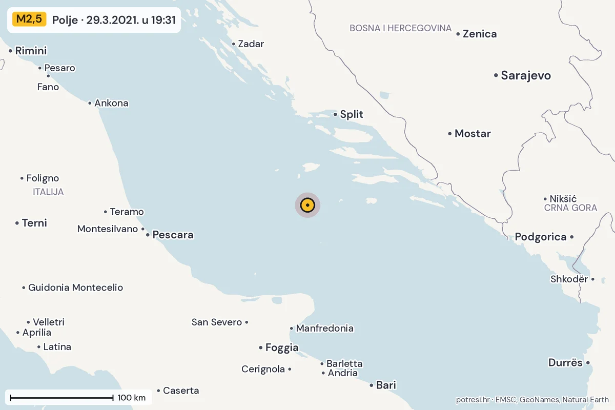 Karta: šire područje, 600 km, potres M2,5, Polje, 29.3.2021.