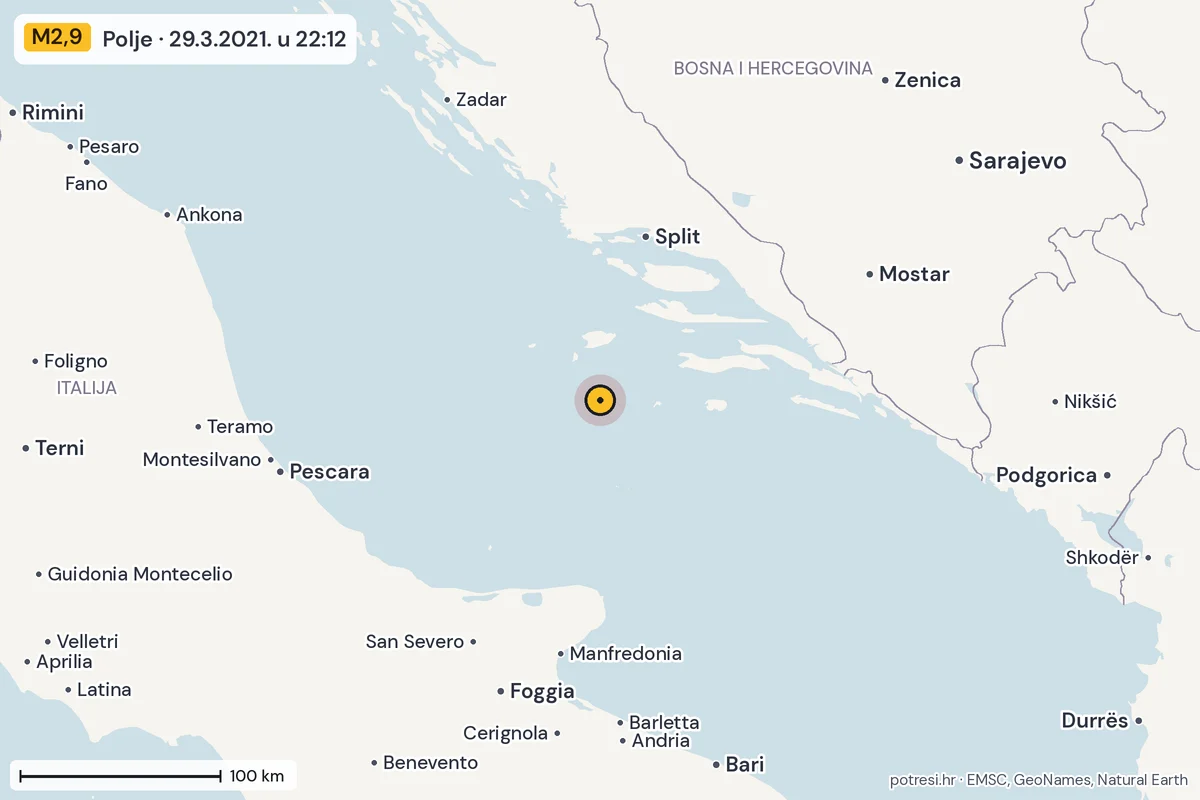 Karta: šire područje, 600 km, potres M2,9, Polje, 29.3.2021.