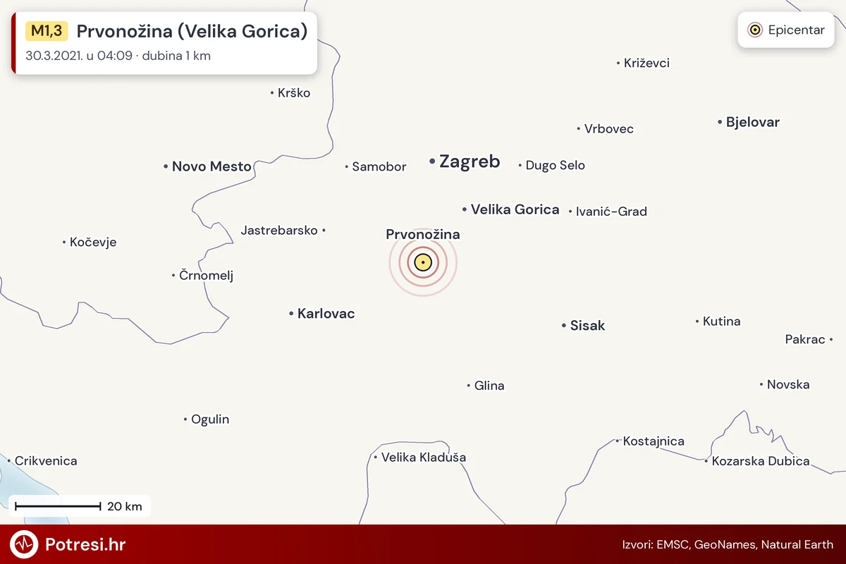 Karta: šire područje i vjerojatni doseg osjeta, potres M1,3, Prvonožina (Velika Gorica), 30.3.2021.