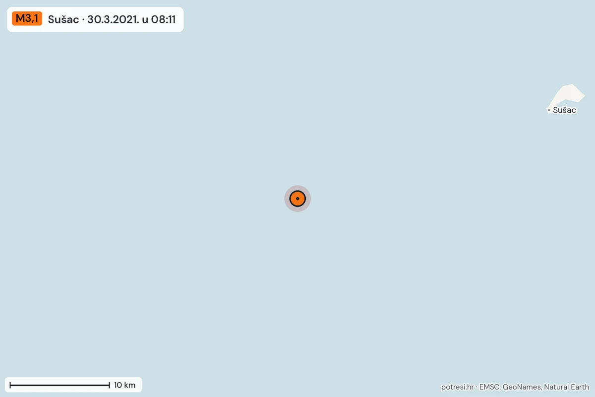 Karta: okolica epicentra, 60 km, potres M3,1, Sušac, 30.3.2021.