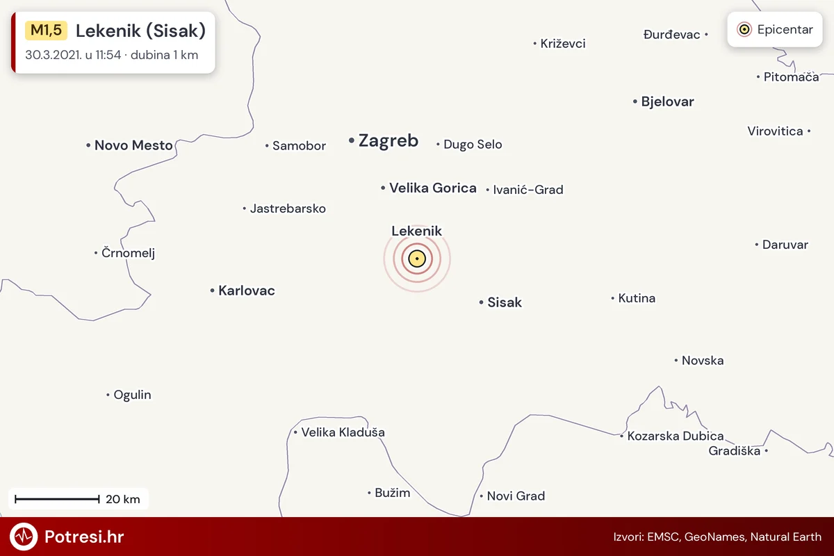 Karta: šire područje i vjerojatni doseg osjeta, potres M1,5, Lekenik (Sisak), 30.3.2021.