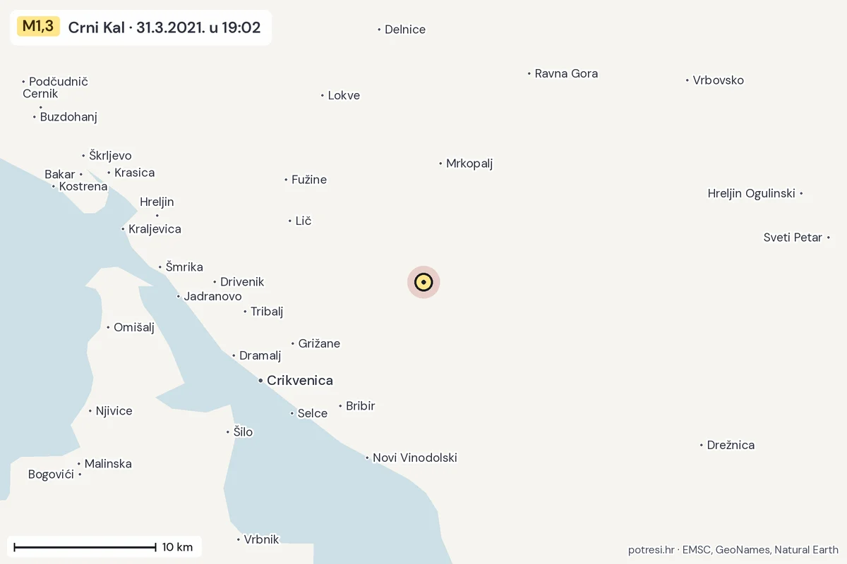 Karta: okolica epicentra, 60 km, potres M1,3, Crni Kal, 31.3.2021.