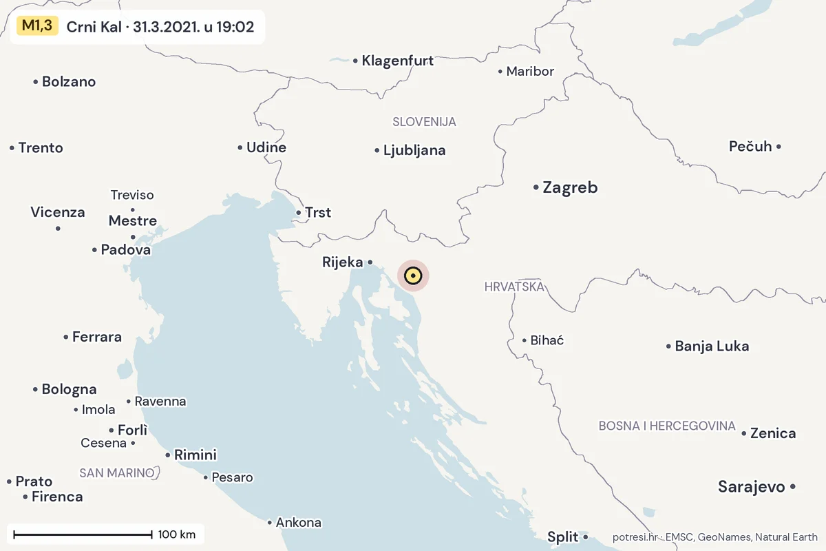 Karta: šire područje, 600 km, potres M1,3, Crni Kal, 31.3.2021.