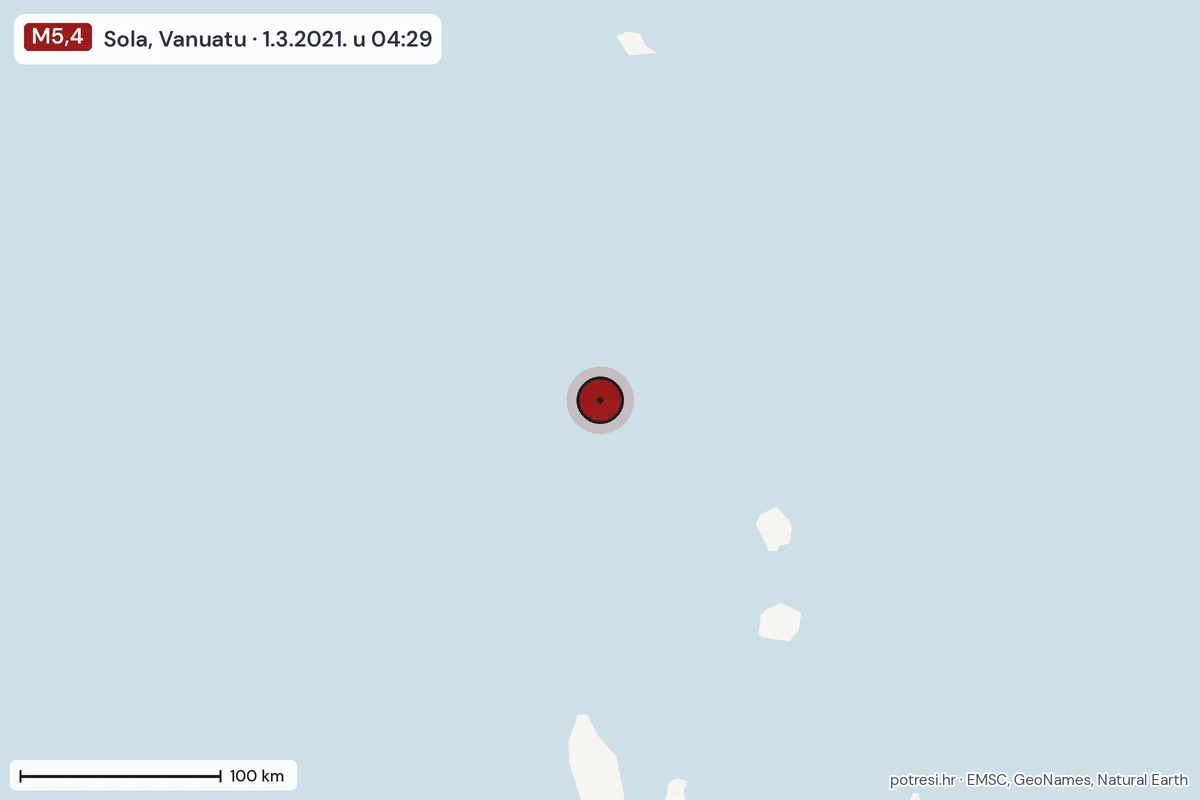 Karta: šire područje, 600 km, potres M5,4, Sola, Vanuatu, 1.3.2021.