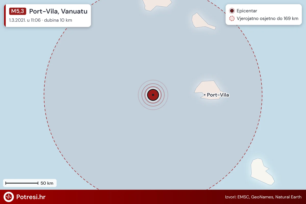 Karta: šire područje i vjerojatni doseg osjeta, potres M5,3, Port-Vila, Vanuatu, 1.3.2021.