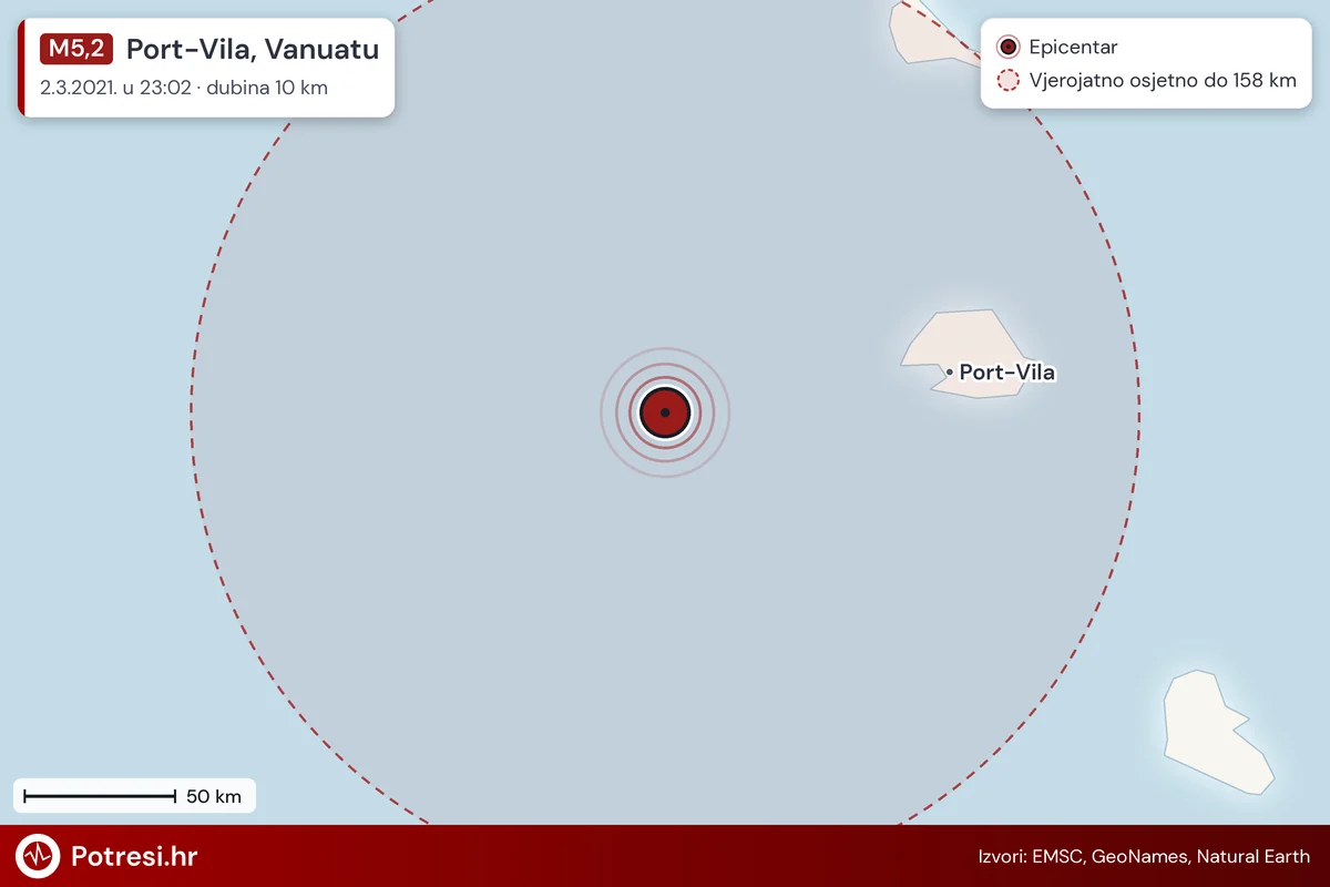 Karta: šire područje i vjerojatni doseg osjeta, potres M5,2, Port-Vila, Vanuatu, 2.3.2021.