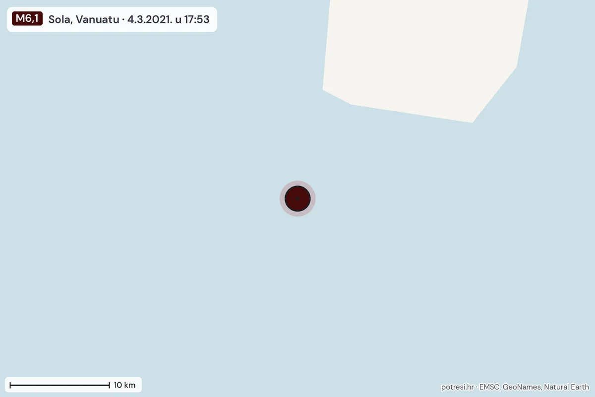 Karta: okolica epicentra, 60 km, potres M6,1, Sola, Vanuatu, 4.3.2021.