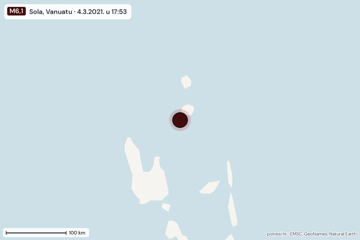 Karta: šire područje, 600 km, potres M6,1, Sola, Vanuatu, 4.3.2021.