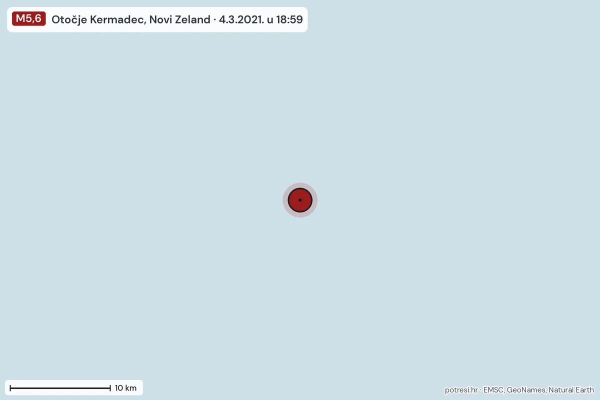 Karta: okolica epicentra, 60 km, potres M5,6, Otočje Kermadec, Novi Zeland, 4.3.2021.