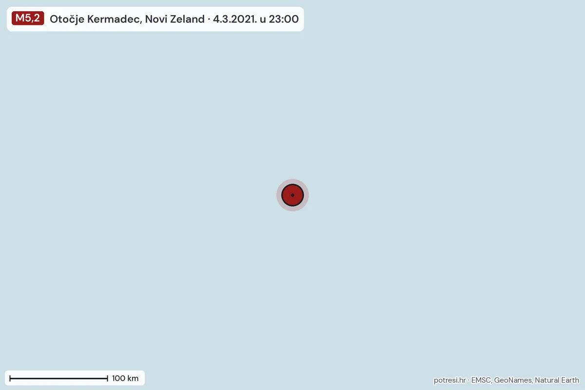 Karta: šire područje, 600 km, potres M5,2, Otočje Kermadec, Novi Zeland, 4.3.2021.