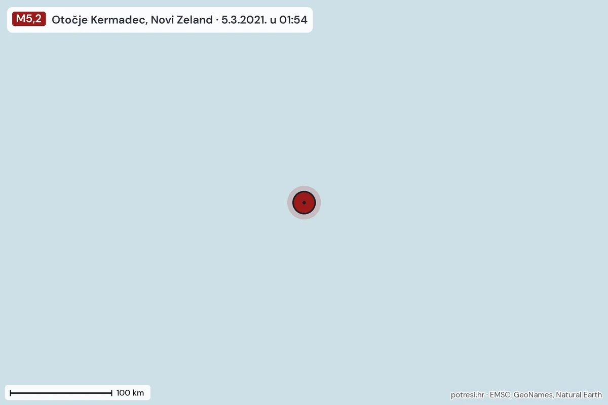 Karta: šire područje, 600 km, potres M5,2, Otočje Kermadec, Novi Zeland, 5.3.2021.