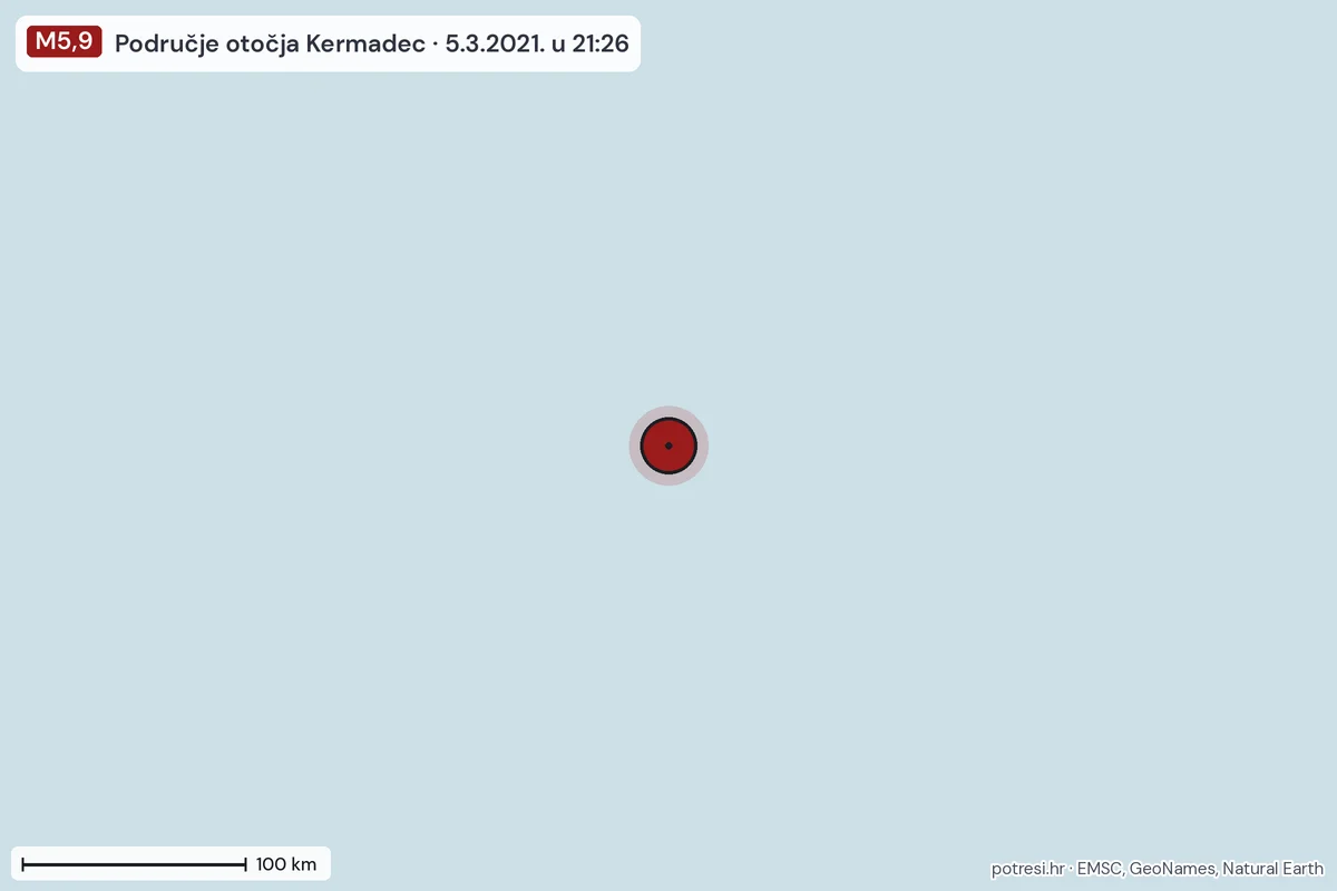 Karta: šire područje, 600 km, potres M5,9, Područje otočja Kermadec, 5.3.2021.
