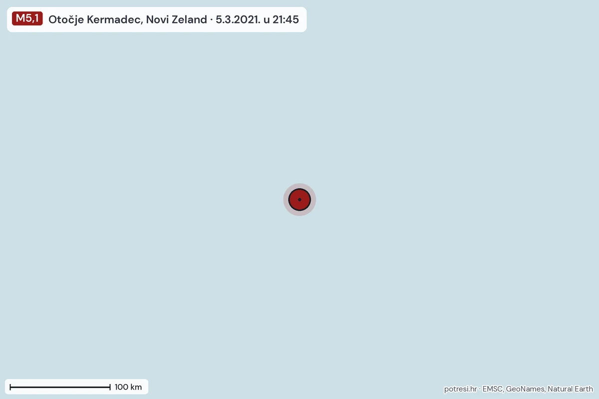 Karta: šire područje, 600 km, potres M5,1, Otočje Kermadec, Novi Zeland, 5.3.2021.
