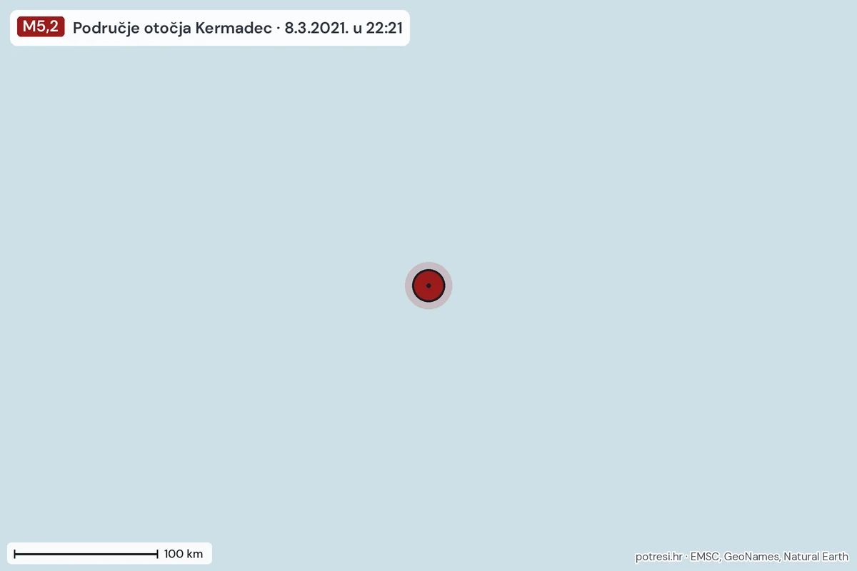Karta: šire područje, 600 km, potres M5,2, Područje otočja Kermadec, 8.3.2021.