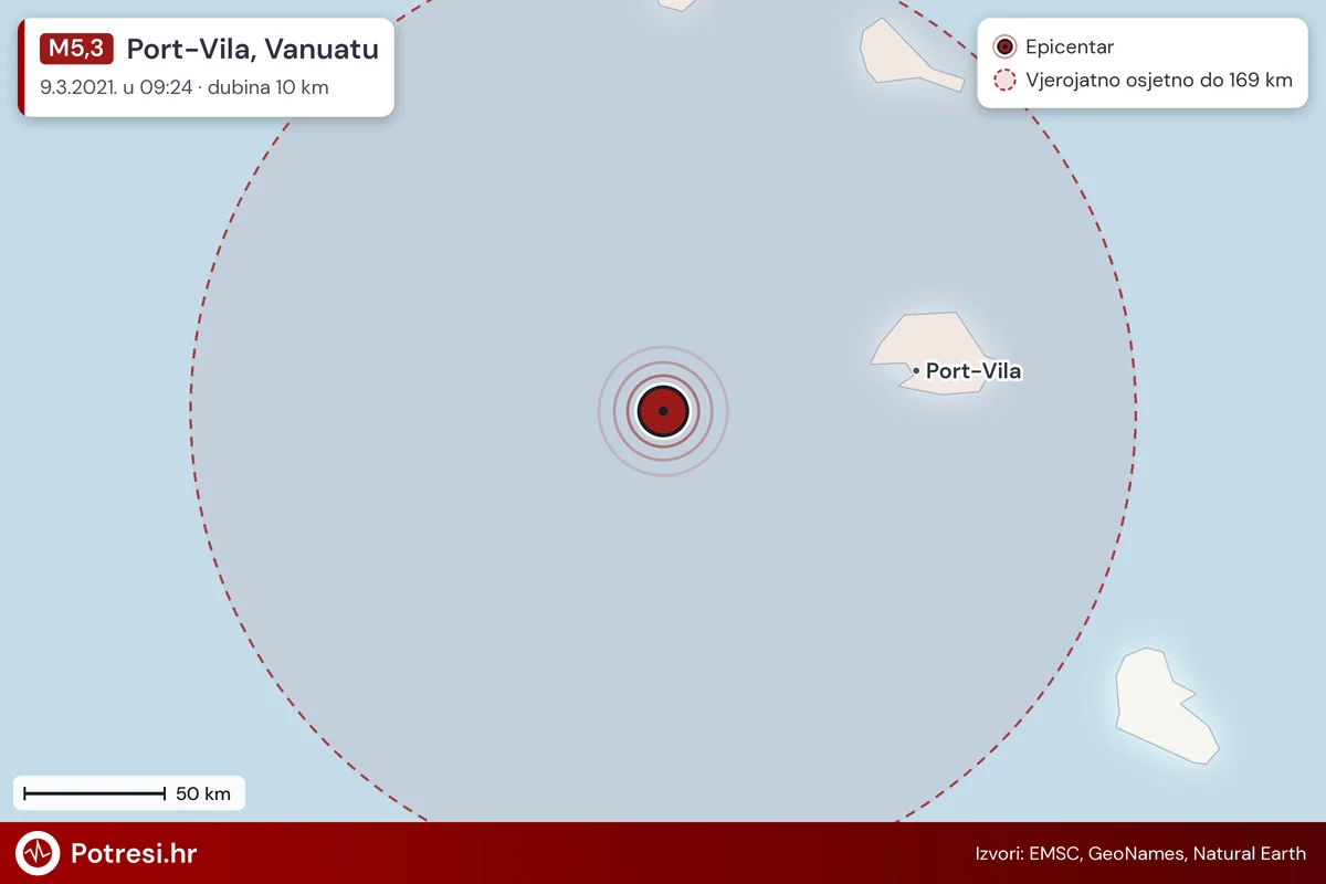 Karta: šire područje i vjerojatni doseg osjeta, potres M5,3, Port-Vila, Vanuatu, 9.3.2021.