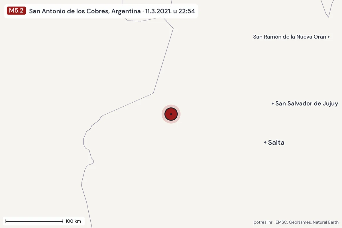 Karta: šire područje, 600 km, potres M5,2, San Antonio de los Cobres, Argentina, 11.3.2021.