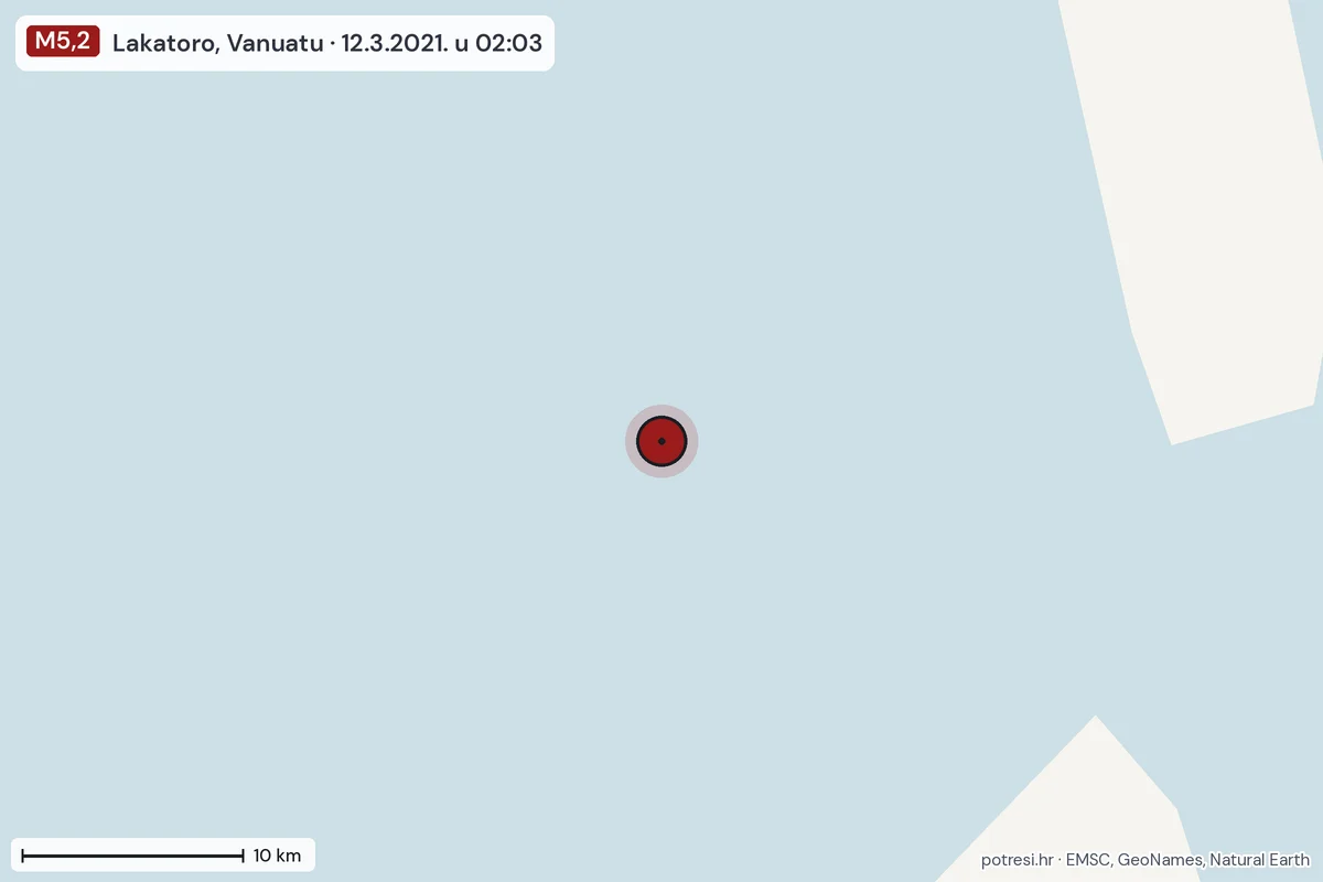 Karta: okolica epicentra, 60 km, potres M5,2, Lakatoro, Vanuatu, 12.3.2021.