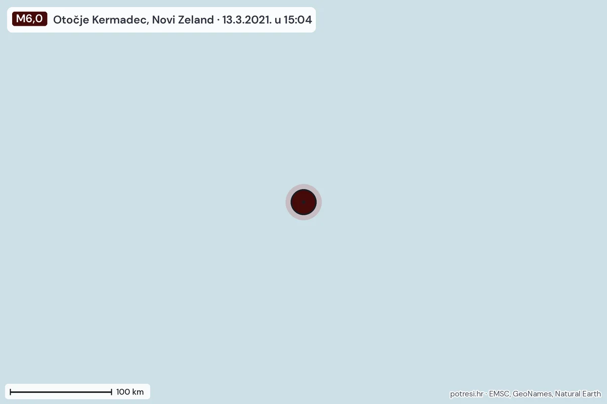 Karta: šire područje, 600 km, potres M6,0, Otočje Kermadec, Novi Zeland, 13.3.2021.
