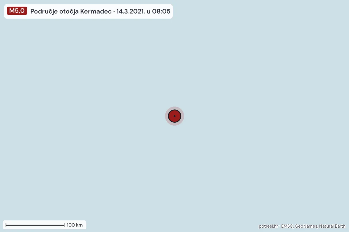 Karta: šire područje, 600 km, potres M5,0, Područje otočja Kermadec, 14.3.2021.