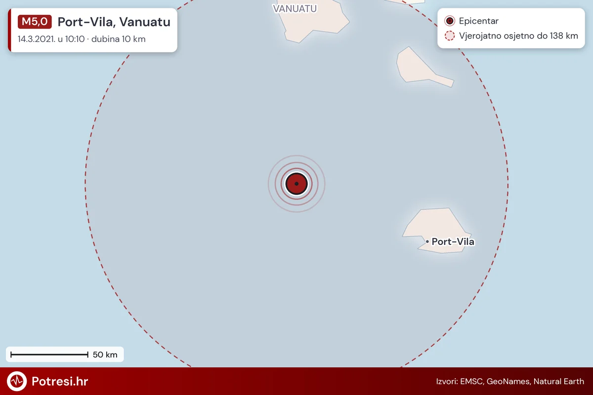 Karta: šire područje i vjerojatni doseg osjeta, potres M5,0, Port-Vila, Vanuatu, 14.3.2021.