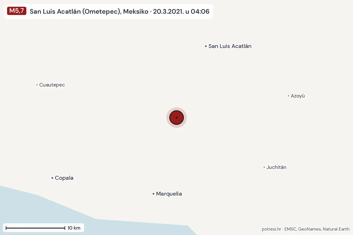 Karta: okolica epicentra, 60 km, potres M5,7, San Luis Acatlán (Ometepec), Meksiko, 20.3.2021.