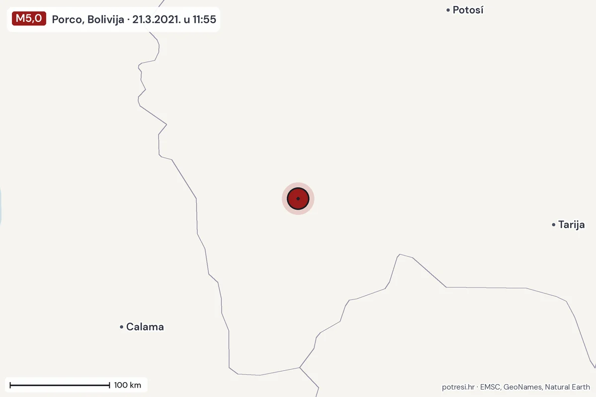 Karta: šire područje, 600 km, potres M5,0, Porco, Bolivija, 21.3.2021.