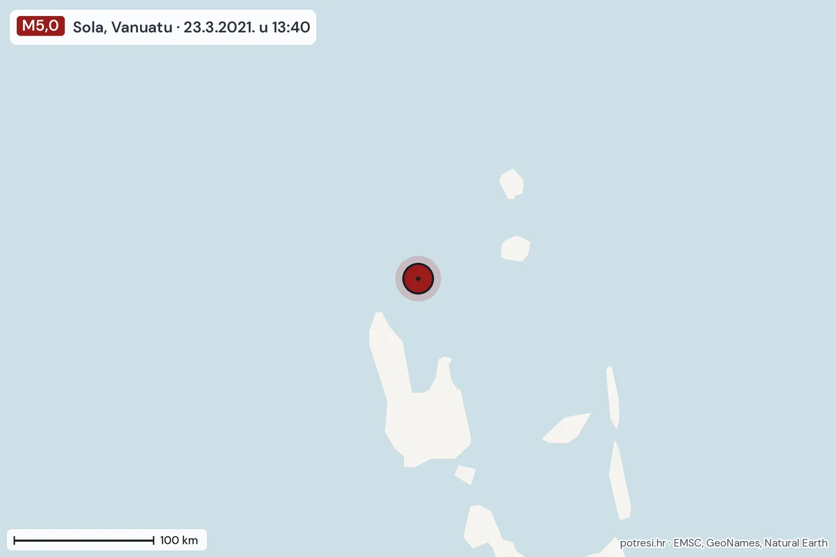 Karta: šire područje, 600 km, potres M5,0, Sola, Vanuatu, 23.3.2021.