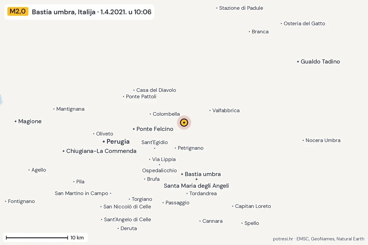 Karta: okolica epicentra, 60 km, potres M2,0, Bastia umbra, Italija, 1.4.2021.