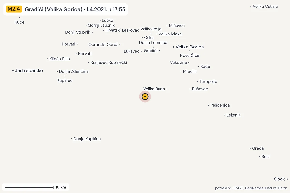 Karta: okolica epicentra, 60 km, potres M2,4, Gradići (Velika Gorica), 1.4.2021.