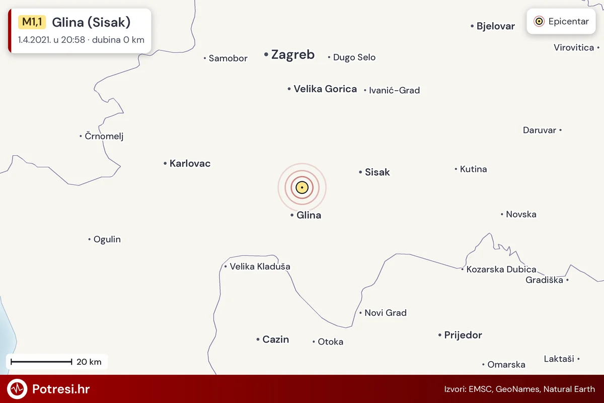 Karta: šire područje i vjerojatni doseg osjeta, potres M1,1, Glina (Sisak), 1.4.2021.