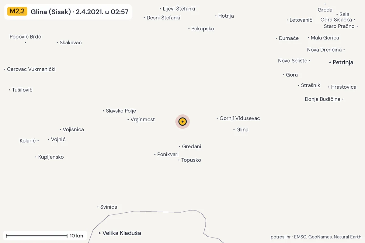 Karta: okolica epicentra, 60 km, potres M2,2, Glina (Sisak), 2.4.2021.