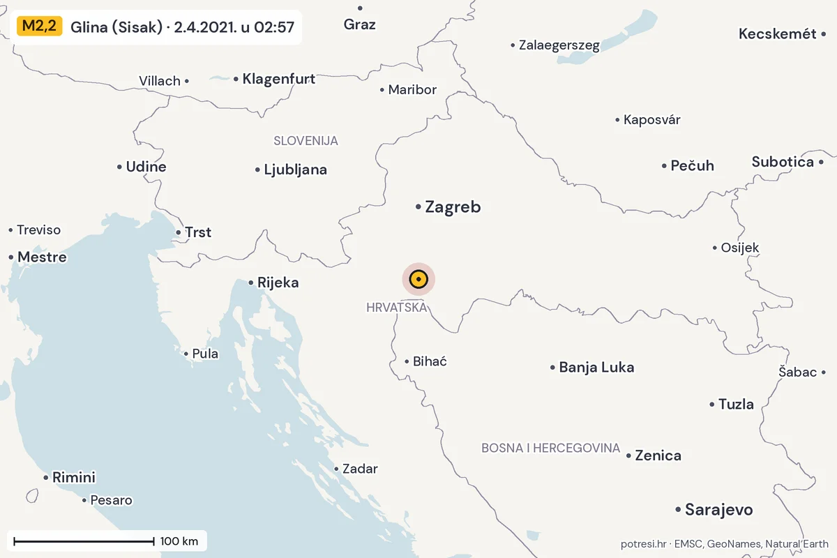 Karta: šire područje, 600 km, potres M2,2, Glina (Sisak), 2.4.2021.