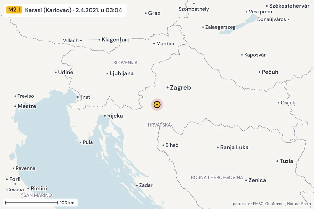 Karta: šire područje, 600 km, potres M2,1, Karasi (Karlovac), 2.4.2021.
