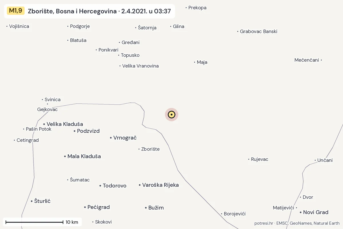 Karta: okolica epicentra, 60 km, potres M1,9, Zborište, Bosna i Hercegovina, 2.4.2021.
