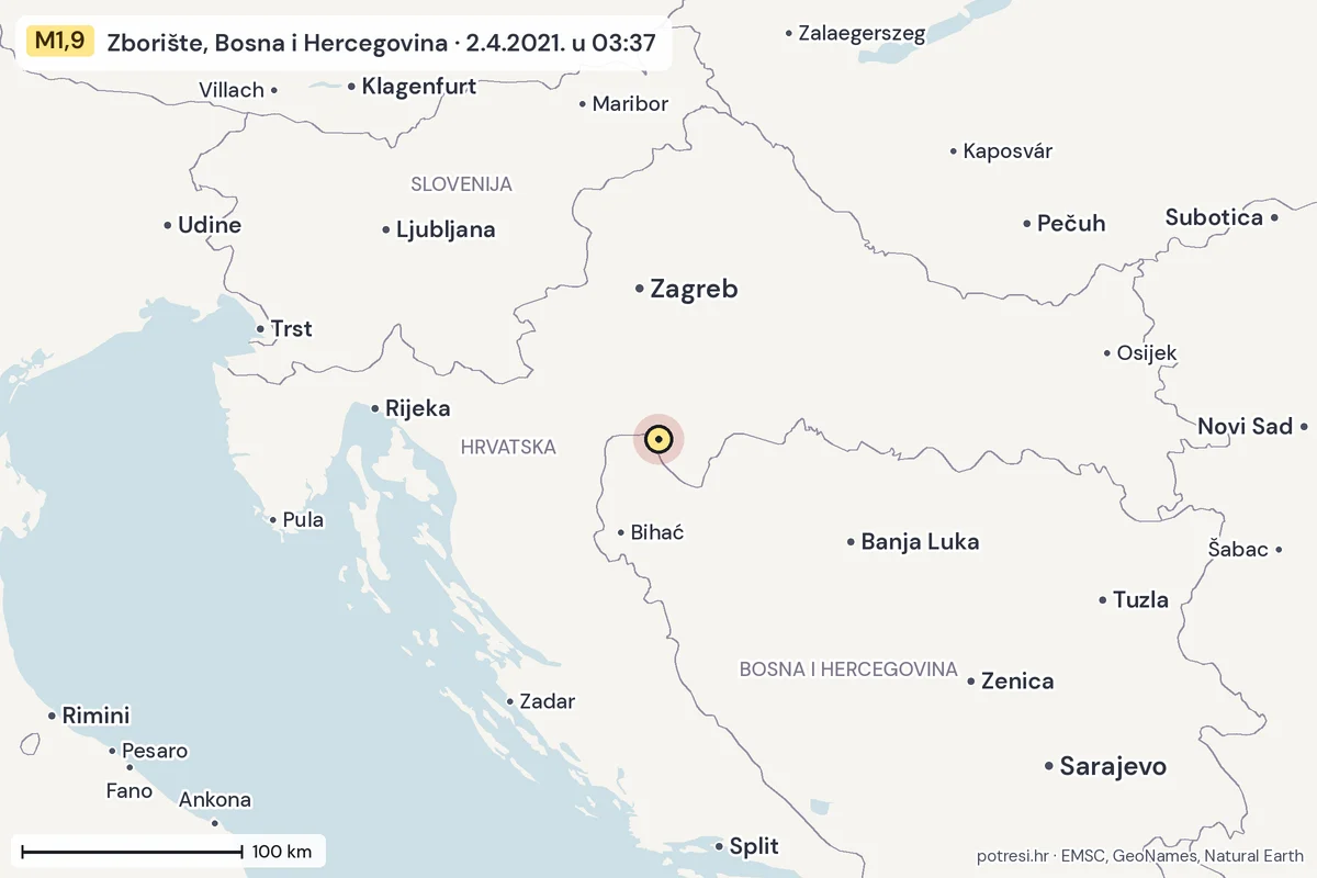 Karta: šire područje, 600 km, potres M1,9, Zborište, Bosna i Hercegovina, 2.4.2021.