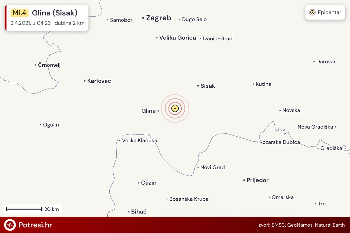 Karta: šire područje i vjerojatni doseg osjeta, potres M1,4, Glina (Sisak), 2.4.2021.
