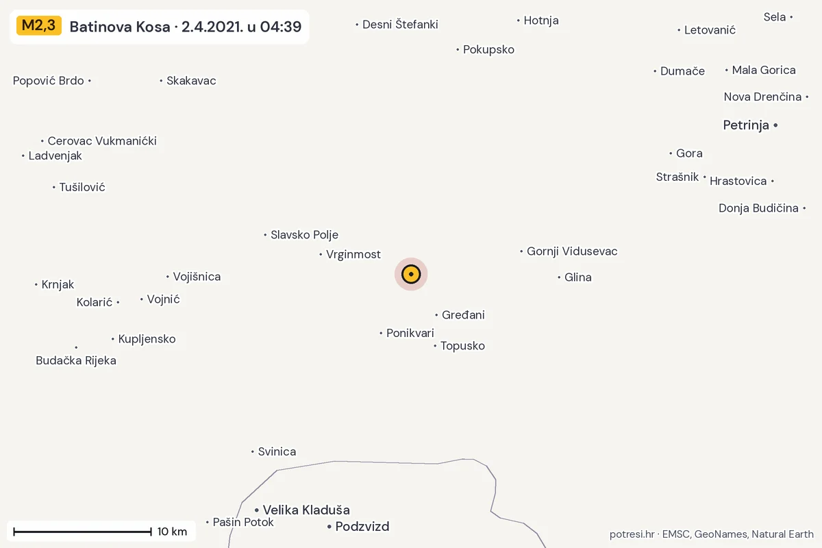 Karta: okolica epicentra, 60 km, potres M2,3, Batinova Kosa, 2.4.2021.