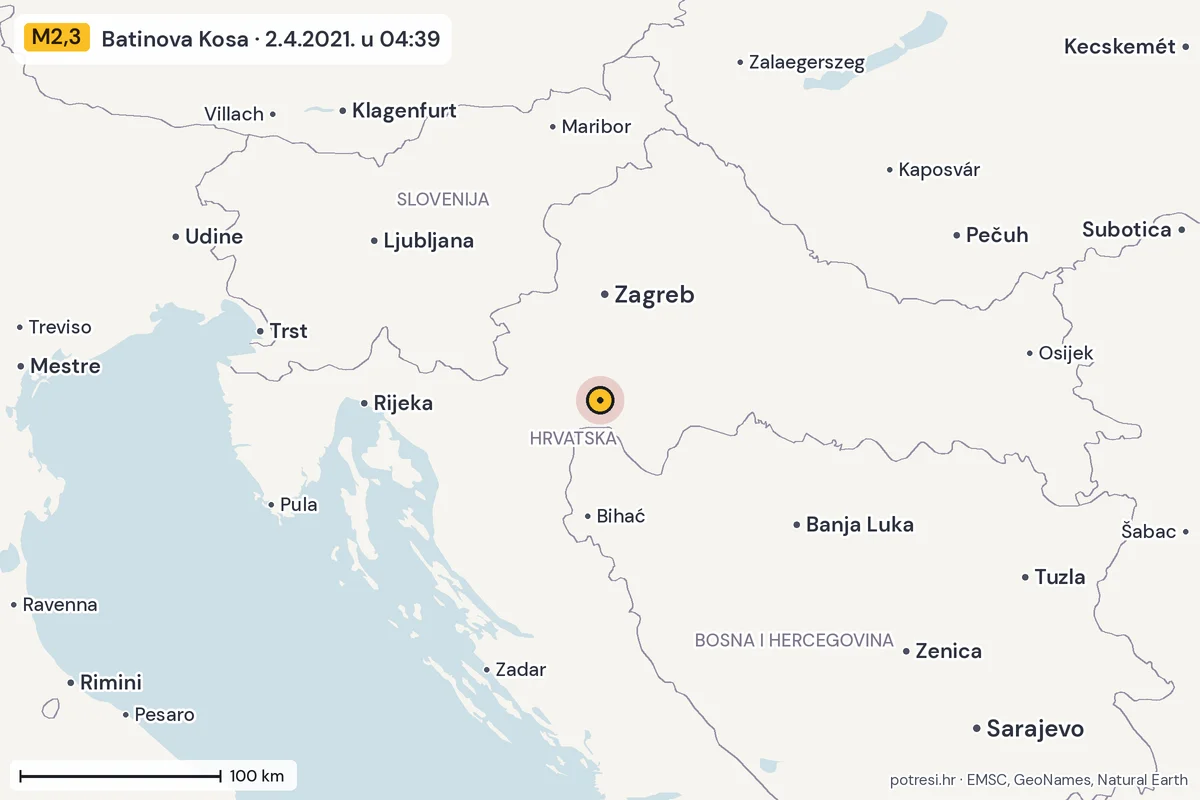 Karta: šire područje, 600 km, potres M2,3, Batinova Kosa, 2.4.2021.